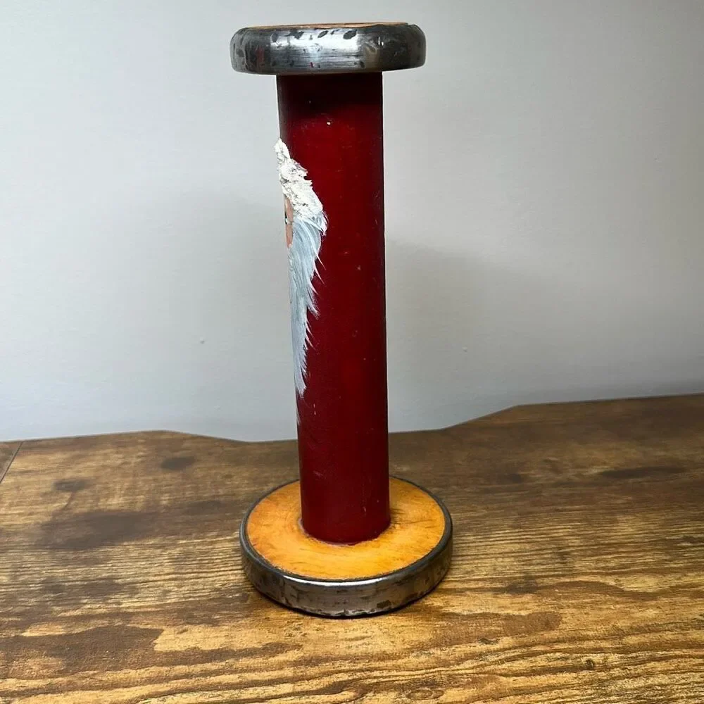 Wooden Bobbin with etched and Painted‎ Santa unknown artist unsigned can